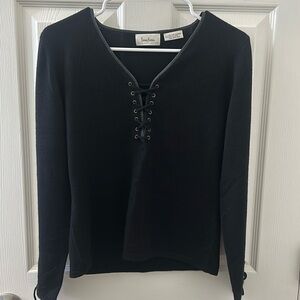 Neiman Marcus Women's Cashmere Collection Black Lace-Up Neck Sweater, Size: L/P